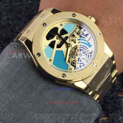 Perfect Replica Hublot Classic Fusion Yellow Gold Bezel Hollow Tourbillon Dial 45mm Watch